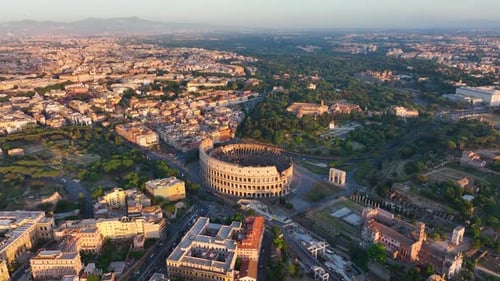 Aerial view of the Colosseum and Arch of Constantine, Italy.