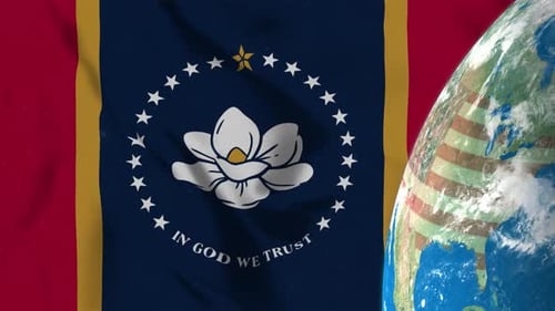 Mississippi State Flag Waving with Rotating Earth Globe