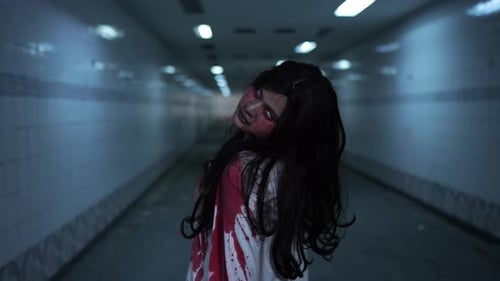 Spooky Woman Stares Intensely in Dark Tunnel