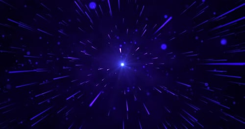 Abstract space scene with flying particles, meteoric shower, particle explosion. Neon light stripes