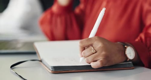 Woman, hands and writing in office with journal for marketing campaign project, agenda or reminder