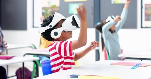 In school, children using VR headsets for interactive learning in classroom