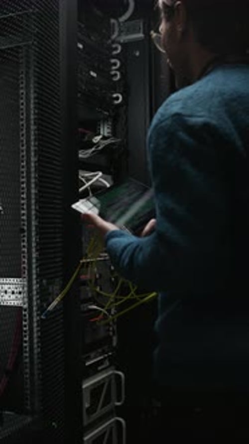 Network Technician Checking Server Hardware in Data Center