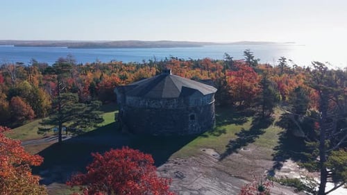 Historic Tower In Fall Forest At Dawn In Halifax Nova Scotia From Aerial View