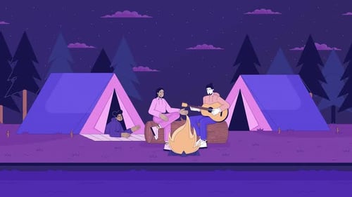 Animated Flat Design Scene of People Camping at Night