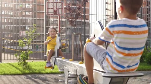 Children a Boy and a Girl Have Fun on a Swing in the Fresh Air