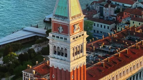 Aerial drone view of St Mark's Campanile in Venice, Italy, on a sunny day