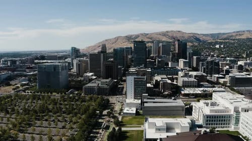 Wide drone shot of the Salt Lake City downtown business sector.