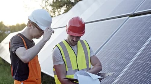 Men in Uniform and Helmets Standing Reading Papers Near Solar Panels Outdoors
