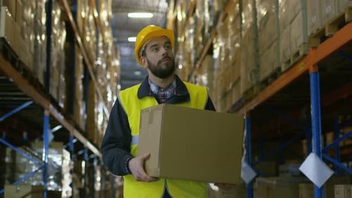 Loader Wearing Hard Hat Carries Cardboard Box Through Warehouse Storage full of Rack Pallets.