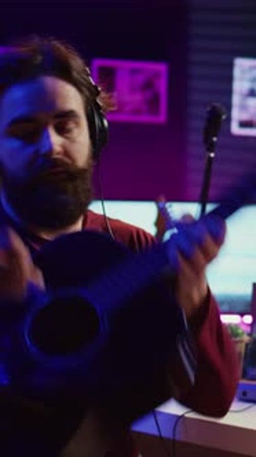 Vertical Video Artist Composing a Song on Electronic Piano Keyboard at Home Recording Studio