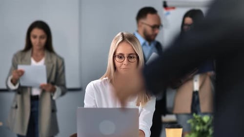 Beauty Blonde Business Woman Working Laptop Desk Browsing Internet at Office Routine Colleagues