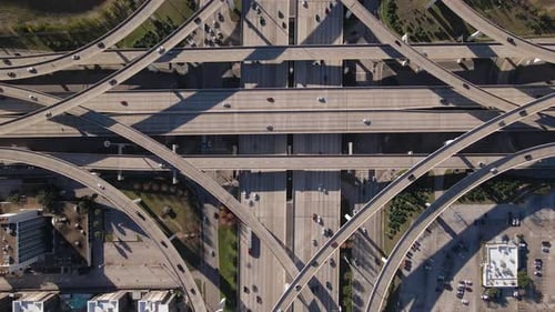 Bird Eye View of freeway I-10 and Sam Houston Tollway in Houston Texas. Top Down Establishing shot o