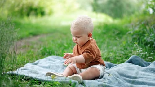Schöner blonder Junge, der auf dem Plaid im Gras sitzt. Ein friedliches Kind nimmt ein Blatt in seine Hand.