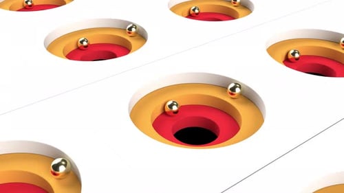 Abstract Geometric Animation of Golden Spheres Rolling Into Colorful Holes