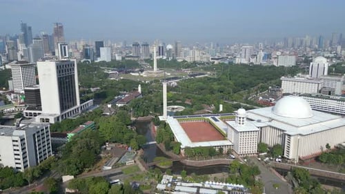Aerial View Of Istiqlal Mosque And Jakarta City Skyline Indonesia