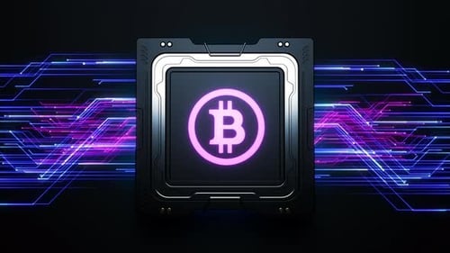 elektronisch Geld, das Bitcoin-Zeichen erscheint auf dem Deckel des Prozessors.
