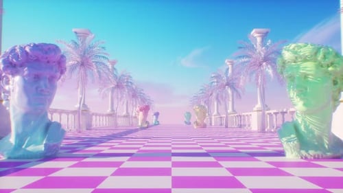 Surreal Vaporwave Dreamscape with Classical Busts and Palm Trees