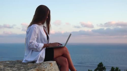Woman Laptop Sea Working Remotely on Seashore Happy Successful Woman Female Freelancer Working on