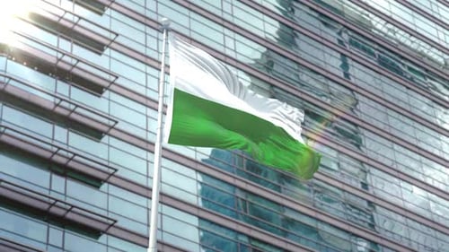 Waving Flag Animation Against Modern Corporate Building