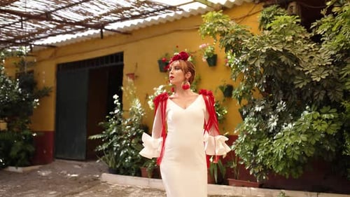 Woman in Traditional Dress Posing in Courtyard