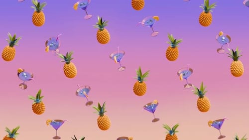 Vacation pineapples and cocktails on a purple-pink gradient.