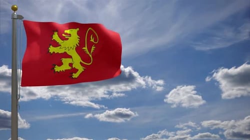 Golden Lion Rampant Waving Flag Against Blue Sky