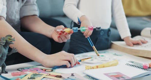 Close Up Hands Child Painting with Mother on Paper Kid Family Hobby Baby Design Love Child Person