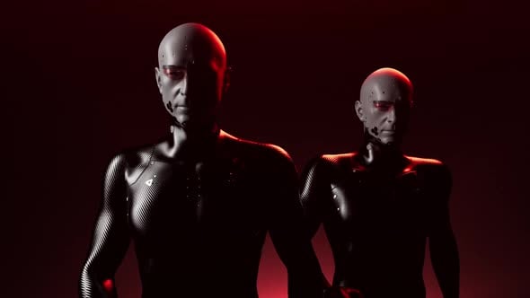 The army of the future. a group of bionic people with a confident gait ...