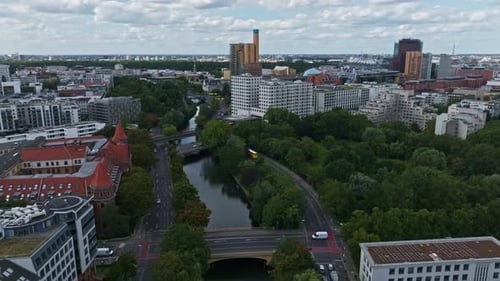 Aerial view of a train crossing over a bridge , U Mendelssohn Bartholdy Park , Kreuzberg district in