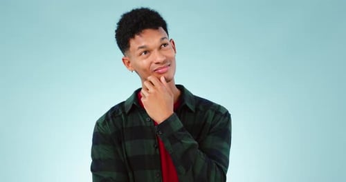 Thinking, man and studio for ideas of solution, problem solving and insight of decision