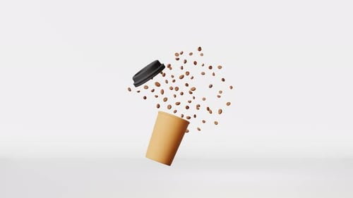 Coffee explosion 3D animation Floating paper coffee cup black lid flying beans 4K Coffee to go shop