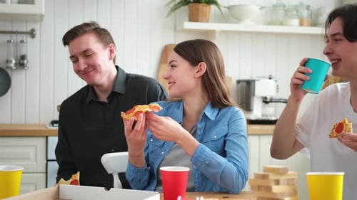 Home Party Overjoyed Diverse Friends Eating Ordered Pizza for Home Party Happy Group Mixed Race