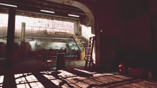 Atmospheric Grungy Industrial Interior with Sunlight and Dust