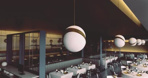 Modern Restaurant Interior with Unique Pendant Lighting and Elegant Decor