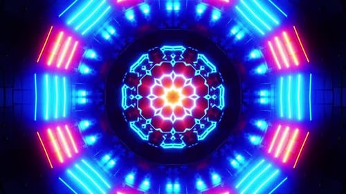 Circular pattern with neon lights in the middle of it. Kaleidoscope VJ loop