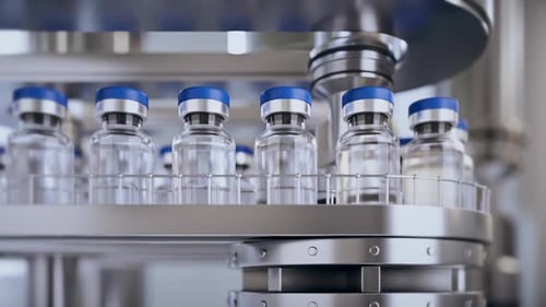Glasflaschen auf der endlosen Förderlinie, moderne Pharmafabrik in Nahaufnahme.