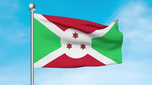 Burundi Flag Waving on Pole Against Blue Sky