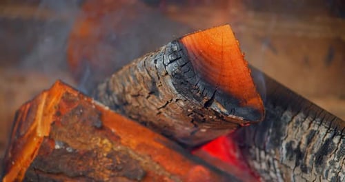 Wood Burning in Fireplace, Fire, Embers, Close Up