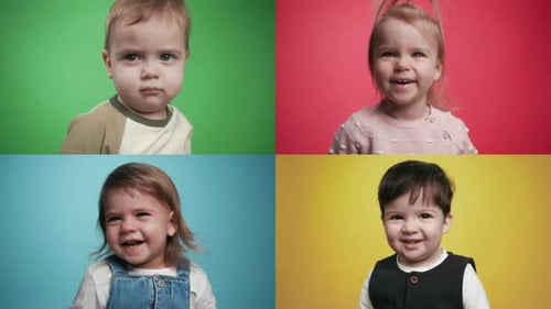 Smiling babies looking happy against colored backgrounds