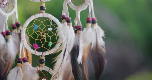 Vista de un atrapasueños con plumas, hilos y cuentas colgado de una cuerda contra la naturaleza tropical