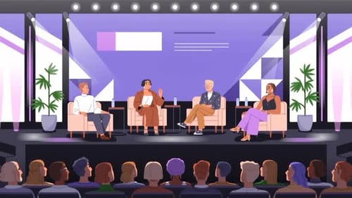 Rednergremium der Wirtschaftskonferenz auf der Bühne, Diskussion mit dem Publikum