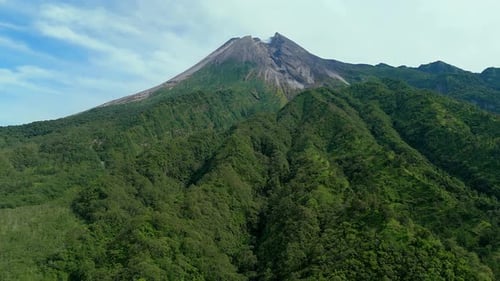 Aerial view of Mount Merapi surrounded by forest, Indonesia.
