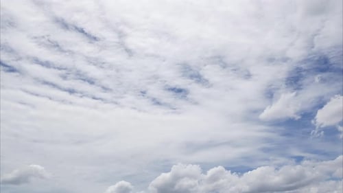 Blue sky white clouds. Puffy fluffy white clouds. Cumulus cloud cloudscape. Summer blue sky time lap