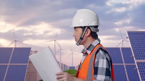 Asian Male Looking At Blueprint In His Hands While Walking at Energy Farm