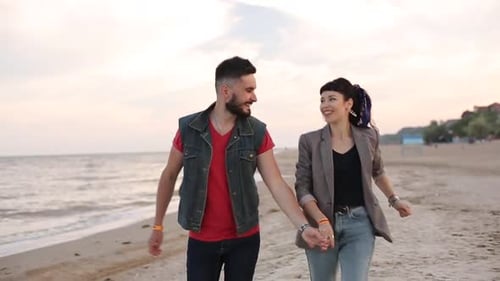 Romantic Couple Running Holding Hands on White Sand Beach Near Sea in Slow Motion Boyfriend and
