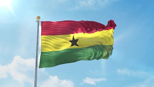 Realistic Ghana National Flag Waving Loop in Blue Sky