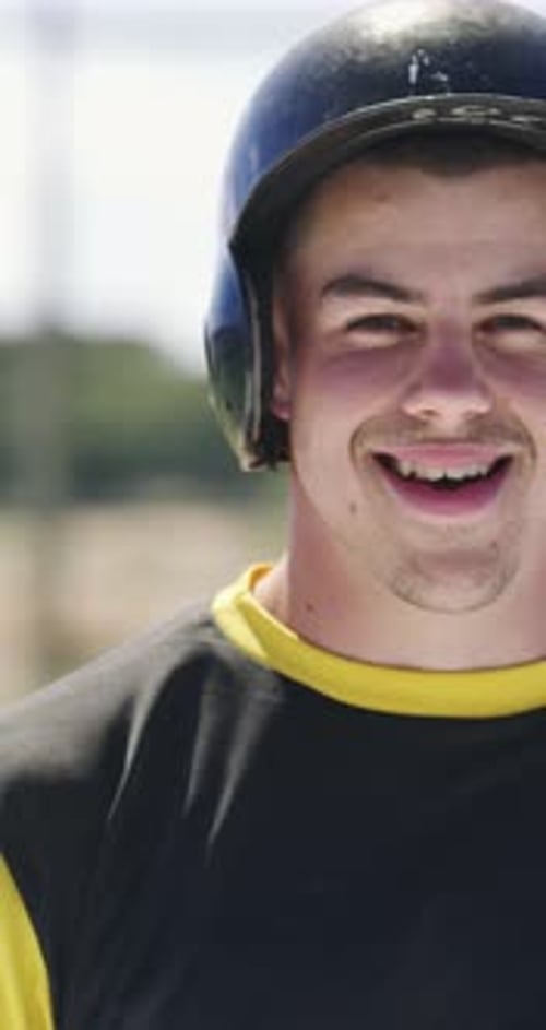 Face, man and baseball player with smile for sports, fitness and confidence for competition outdoor