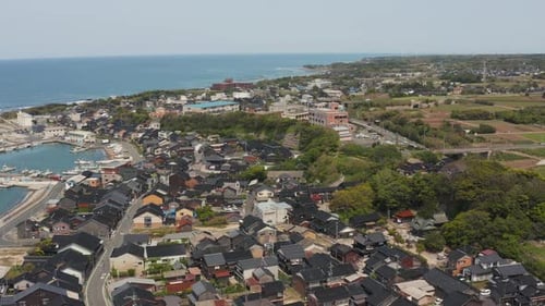 Mikuriya Fishing Town in Daisen, Tottori Prefecture Japan. Aerial Establishing