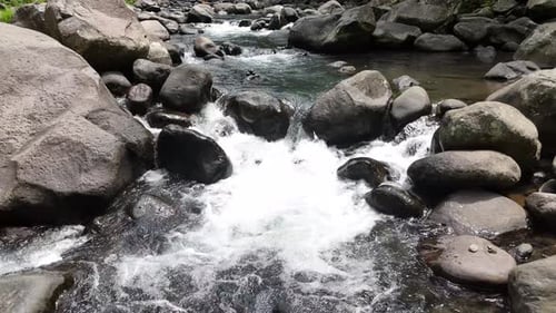 The river water flows clear between the rocks